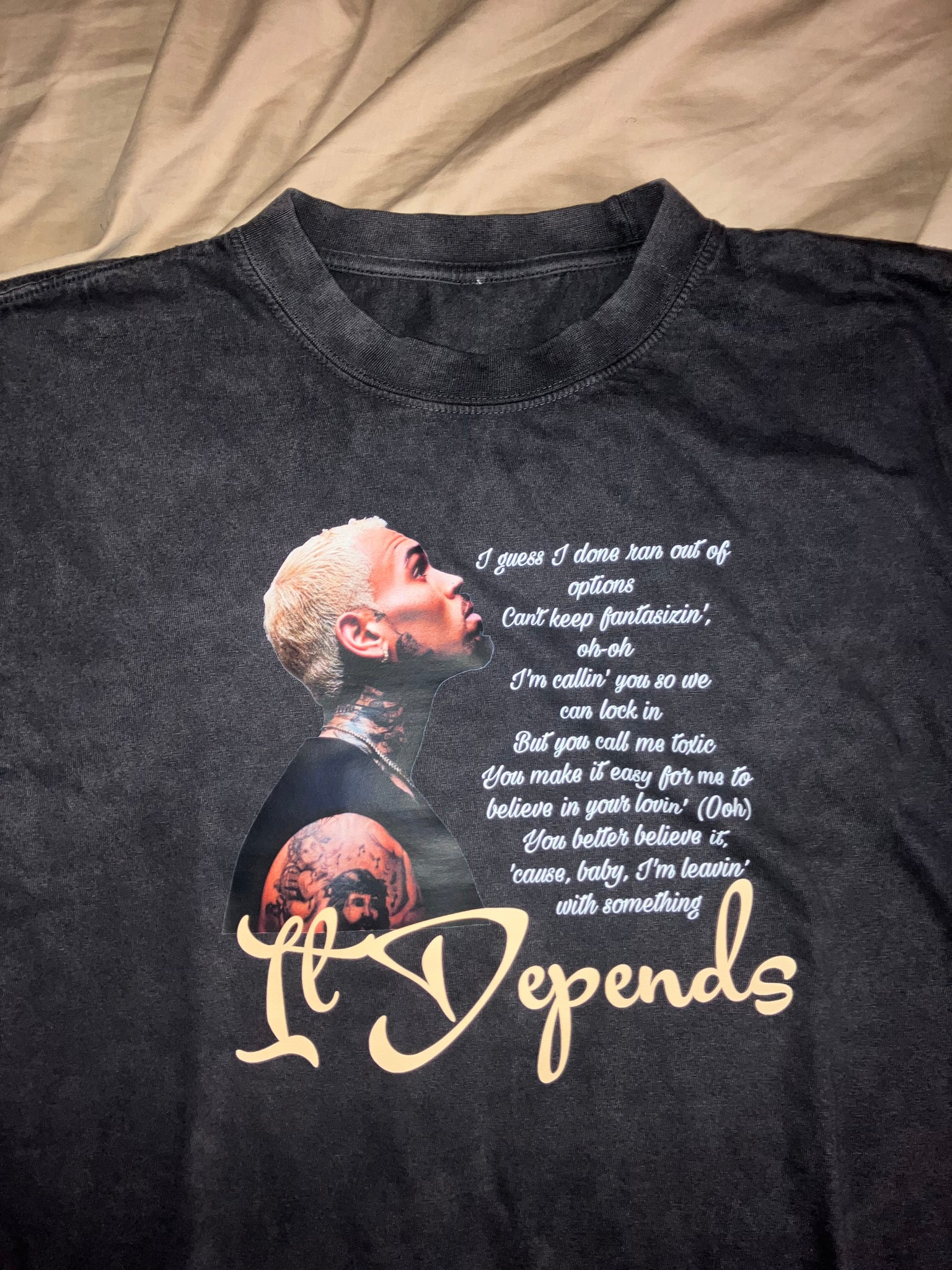 Black Acid Wash Heavyweight Vintage Chris Brown “It Depends” Inspired T-Shirt